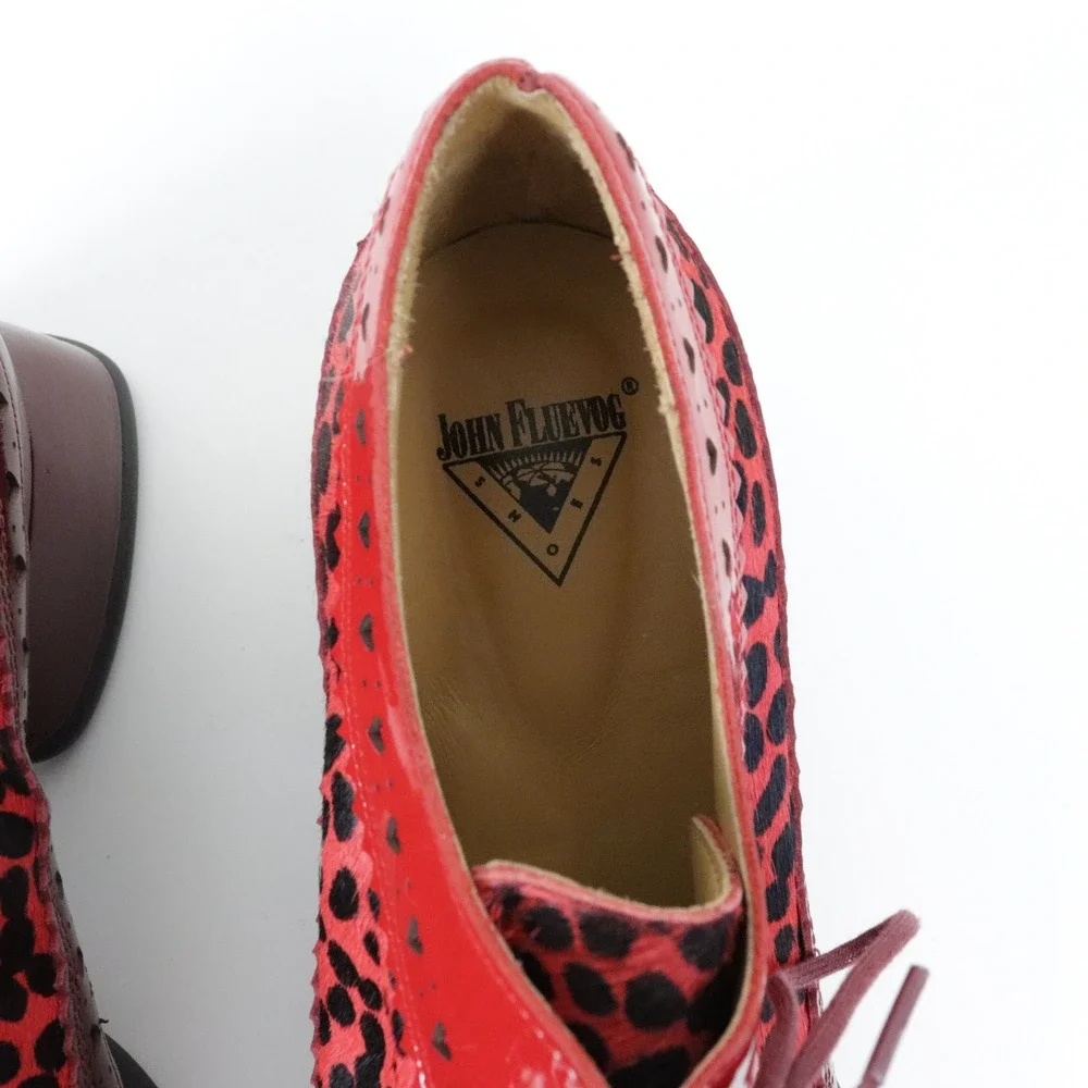John Fluevog Rosamund Lace-Up Heels with Brogue Hearts 7 Burgundy Pony Hair